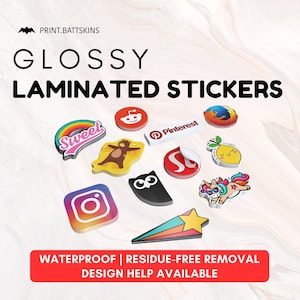 Benutzerdefinierte glänzende laminierte wasserdichte Aufkleber - personalisierte, langlebige und wasserdichte Designs | Kostenloser Proof & kostenloser Versand inklusive!