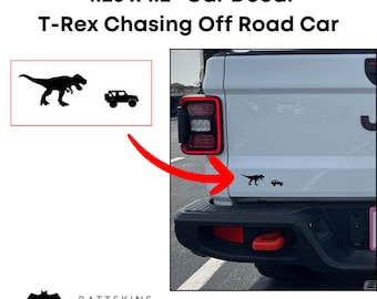 4.25 x 1.2" Car Decal T-Rex Chasing Off Road Car | Dinosaur Easter Egg Decal | Available in 42 Colors