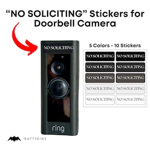 May include: Ten black and white "No Soliciting" stickers for a Ring doorbell camera. The stickers are in five different colors.