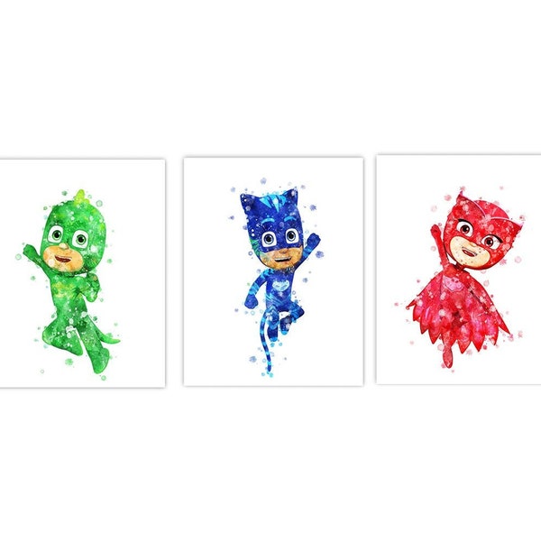 Pj Masks Set of 3 Art Print Pj Masks Poster Pj Masks Watercolor Printable Art Pj Masks Catboy Gekko Owlette Painting Gift Digital Download