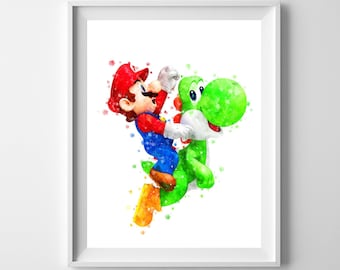 マリオとヨッシーの水彩画アートプリントセット、ビデオゲームアート
