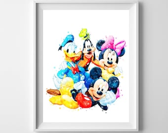 Mickey Mouse Watercolor Poster Mickey and Minnie Mouse Art Print Goofy Donald Duck Printable Art Mickey Mouse Painting Gift Digital Download