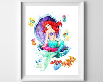 リトルマーメイド 水彩画 アリエル プリント リトルマーメイド