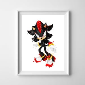 May include: A watercolor illustration of Shadow the Hedgehog from the Sonic the Hedgehog video game series. The illustration is in a black, red, and white color scheme. Shadow is depicted in a dynamic pose with his arms outstretched.