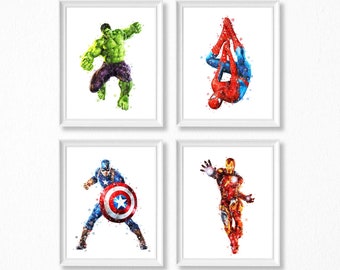Superheroes Set 4 Art Print Superhero Avengers Watercolor Poster Superhero Printable Iron Man Hulk Spiderman Captain America Gift Wall Art