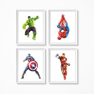 Supereroi Set 4 Stampa artistica Supereroe Avengers Poster acquerello Supereroe stampabile Iron Man Hulk Spiderman Capitan America Regalo Wall Art