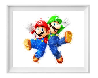 Super Mario Luigi Art Print Super Mario Watercolor Poster Mario and Yoshi Printable Game Poster Birthday Gift Nursery Decor Digital Download