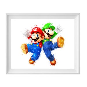 Super Mario Luigi Art Print Super Mario Watercolor Poster Mario and Yoshi Printable Game Poster Birthday Gift Nursery Decor Digital Download