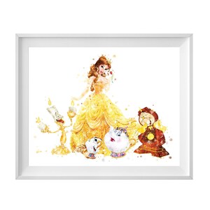 Belle Prints Beauty and the Beast Cogsworth Watercolor Lumiere Printable Mrs. Potts Chip Poster Painting Princess Wall Decor Birthday Gift