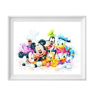 Mickey Minnie Maus Aquarell Kunstdruck Aquarell Druckbare Donald Daisy Ente Kunstwerk Pluto Goofy Poster Kinderzimmer Wandkunst Digitaler Download