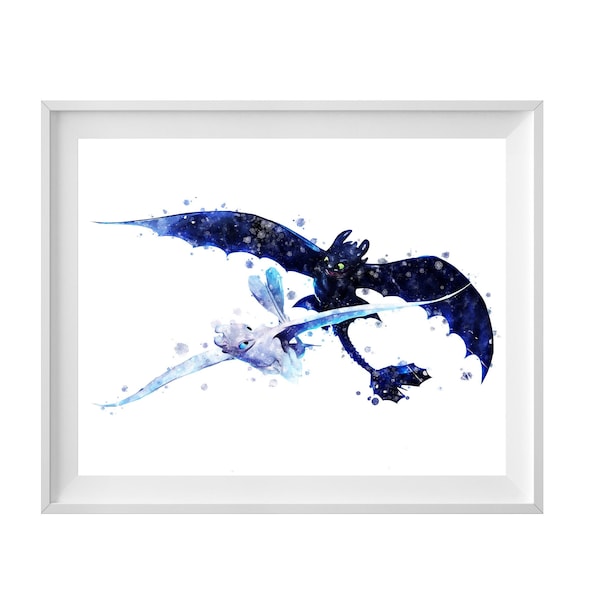 How To Train Your Dragon Watercolor Night Fury and Light Fury Poster Toothless Prints How To Train Your Dragon Birthday Gift Nursery Decor