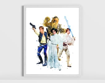 Star Wars Watercolor Princess Leia Han Solo Luke Skywalker Chewbacca Art Print Painting Star Wars Printable Wall Decor Star Wars Poster