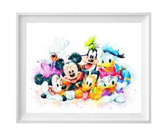 Mickey Minnie Mouse Aquarel Art Print Aquarel Afdrukbare Donald Daisy Duck Artwork Pluto Goofy Poster Nursery Wall Art Digital Download