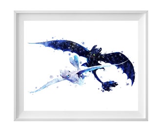 How To Train Your Dragon Watercolor Night Fury and Light Fury Poster Toothless Prints How To Train Your Dragon Birthday Gift Nursery Decor