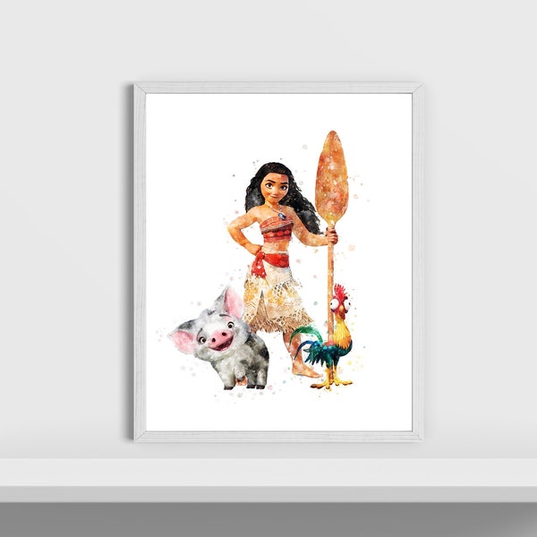 Princess Moana Art Print Hei Hei Pua Watercolor Artwork Moana and Hei Hei Pua Printable Moana Wall Art Poster Nursery Decor Digital Download