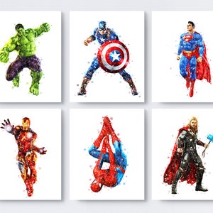 Superhéroe arte impresión conjunto de 6 superhéroes vengadores imprimible superhéroe acuarela pared arte Hulk Spiderman Vengadores cartel cumpleaños regalo idea