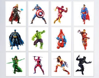 Superhero Set 12 Print Superhero Watercolor Poster Nursery Wall Decor Hulk Spiderman Superhero Printable Kids Room Decor Digital Download