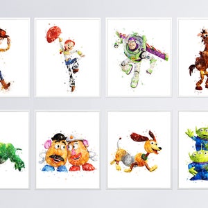 Toy Story Print Woody Jessie Bullseye Poster Painting Slinky Dog Aliens Rex Watercolor Print Toy Story Wall Kids Room Baby Shower Decor Gift