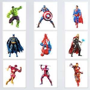 スーパーヒーロープリント アベンジャーズ 印刷可能なスーパーヒーローポスター スーパーヒーロー水彩画 男の子の部屋の装飾 スーパーヒーロー 子供部屋 ウォールアート 誕生日プレゼント
