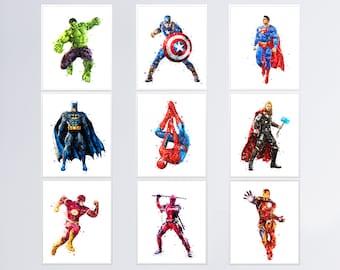 Superhero Print Avengers Printable Superhero Poster Superhero Watercolor Painting Boys Room Decor Superhero Nursery Wall Art Birthday Gift