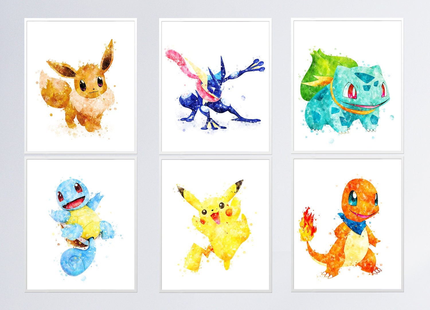 Pokemon Set 6 Pokemon Watercolor Pikachu Charmander Bulbasaur Eevee