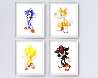 Sonic the Hedgehog Set of 4 Sonic Watercolor Print Sonic Wall Art Poster Kids Room Decor Sonic 2 Birthday Gift Digital Download