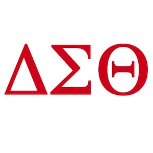 May include: Red Greek letters Delta Sigma Theta. The letters are in a bold, sans-serif font.