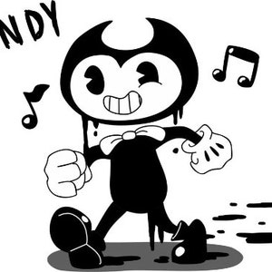 May include: Black and white cartoon illustration of Bendy, a character from the video game Bendy and the Ink Machine. Bendy is running with a happy expression on his face, and ink is dripping from his body.