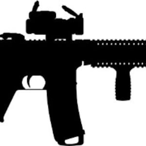 May include: A black silhouette of a rifle with a scope attached to the top.