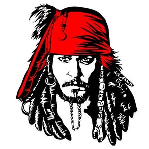 May include: Black and white illustration of a pirate with a red bandana, long hair, and a beard. The pirate is wearing a gold chain necklace.