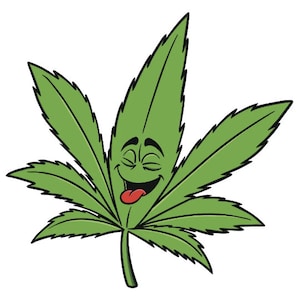 May include: A cartoon green marijuana leaf with a smiling face and a red tongue sticking out.