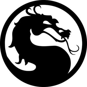May include: Black and white silhouette of a dragon in a circle. The dragon is facing right and has its mouth open.