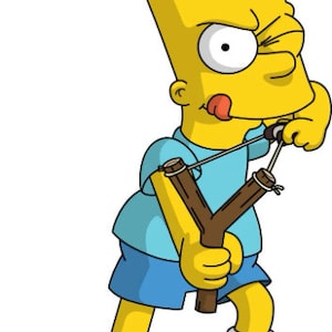 Puede incluir: Un personaje de dibujos animados amarillo con el pelo de punta sostiene una honda con un marco de madera marrón y una banda elástica. El personaje lleva una camisa azul y pantalones cortos azules. El personaje tiene una expresión traviesa en su rostro.