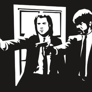 May include: A black and white illustration of two men, one holding a gun and the other with a hand on the first man's shoulder. The men are standing in front of a doorway.