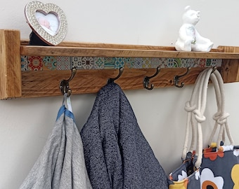Moroccan Tile Coat Rack: Reclaimed Wood Entryway Organizer