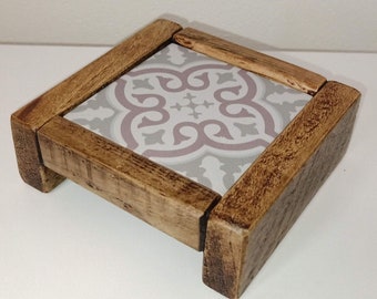 Wooden candle stand with inset ceramic tile