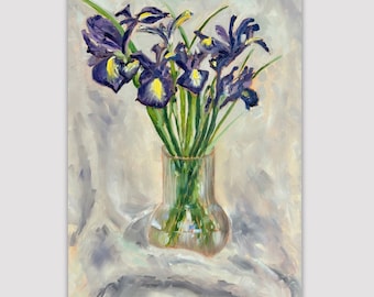Blue Iris Oil Painting: Modern Floral Wall Art (35x50 cm)