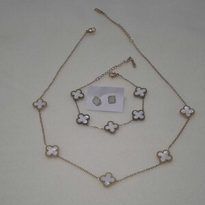 Van Cleef Steel 3 Piece Jewelry Set,Leaf Clover,white  pearl clover necklace and bracelet and earring, van cleef stainless steel jewelry set