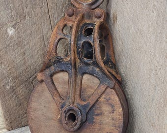 Antique Wood Wheel Pulley Cast Iron Frame Barn Pulley Farm Tool Block Tackle