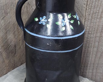 Small Antique Milk Can Pail with Handle Hand-Painted Flowers Cream Jug