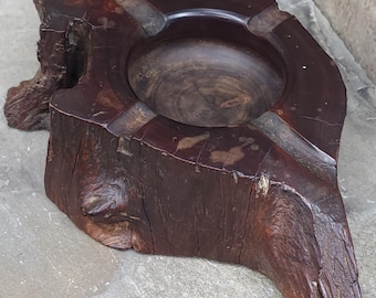 Antique Thick Natural Real Wood Tree Section Slab Wooden Ashtray Folk Art