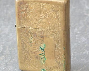 1995 Patinated Solid Brass Zippo Cigarette Lighter with Floral Scroll Engraving
