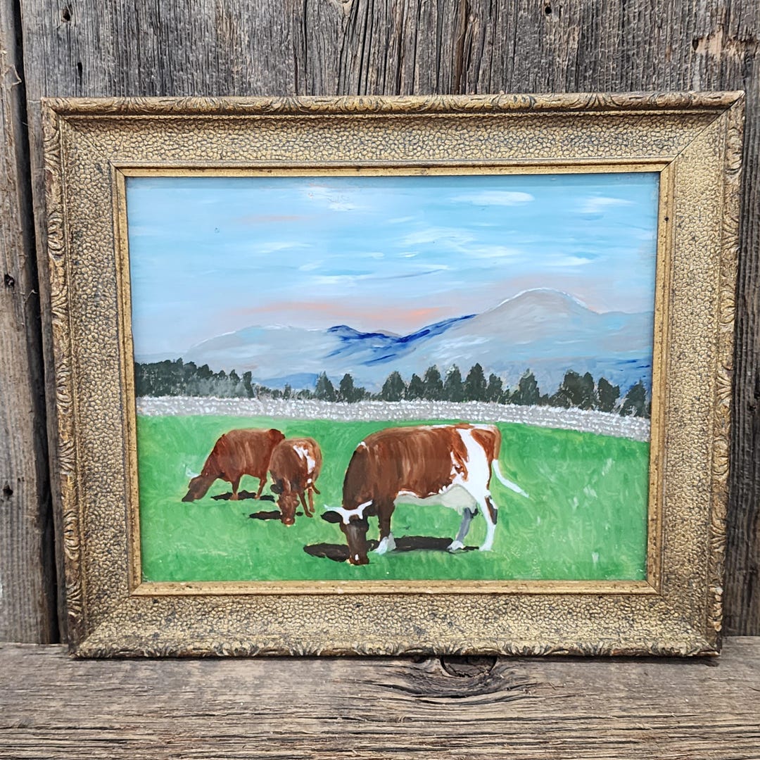 Naive Folk Art Reverse Painting of Cows in Mountain Meadow in Antique ...