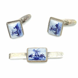 Antique Silver Cufflinks Tie Clip Bar Jewelry Set w/ Delft Windmill Scene Tops