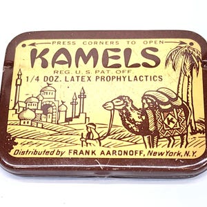Vintage NOS Full Kamels Latex Prophylactics Advertising Tin Rubbers Condom Box