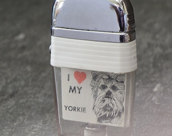 Encendedor de cigarrillos Scripto Vu-Lighter vintage "I Love My Yorkie" (Amo a mi Yorkshire Terrier, Yorkshire Terrier vintage)