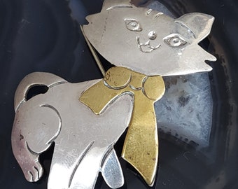 Vintage Cute Sterling Silver Comical Kitty Cat Bow Brooch .925 Laton Mexico Pin