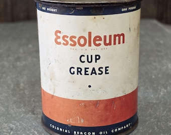 Lata publicitaria de grasa Essoleum Cup de Colonial Beacon Oil Company, estilo vintage de Esso.