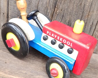 Vintage Mid-Century Playskool Wooden Take Apart Toy Farm Tractor w/ Tools Wood