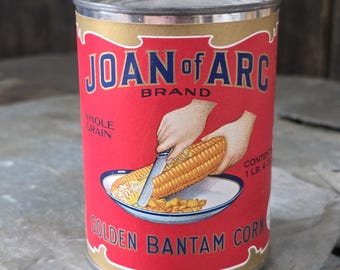 Lata de maíz Bantam dorado de la marca Joan of Arc con etiqueta (Illinois)
